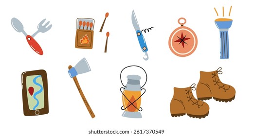 Set of campfire elements. Hiking set.