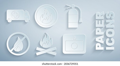 Set Campfire, Fire extinguisher, No, alarm system, flame and Ambulance and emergency car icon. Vector