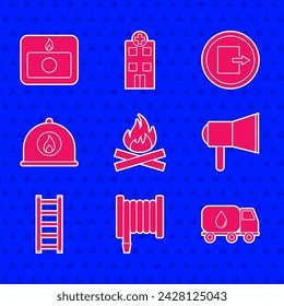 Set Campfire, Fire hose reel, Water delivery truck, Megaphone, escape, Firefighter helmet, exit and alarm system icon. Vector