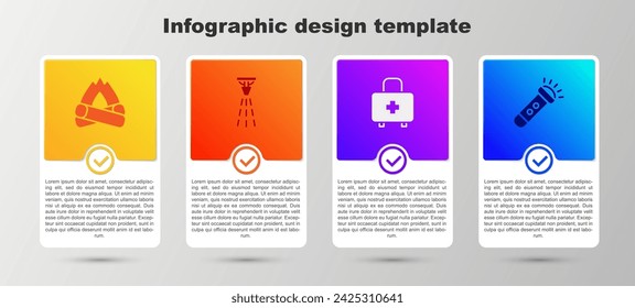 Set Campfire, Fire sprinkler, First aid kit and Flashlight. Business infographic template. Vector
