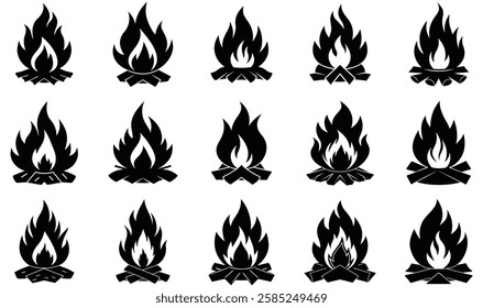 A set of campfire and flame icons representing outdoor fires, bonfires, and camping. Perfect for adventure, nature, and survival-themed designs.