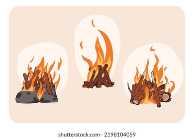 Set Of Campfire. Flat Vector Cartoon Isolated. Stylized Illustration With Outline.