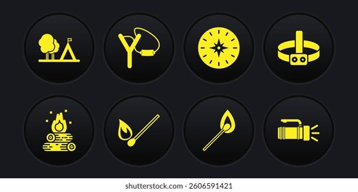 Set Campfire, Head flashlight, Burning match with, Compass, Slingshot, Flashlight and Tourist tent flag icon. Vector