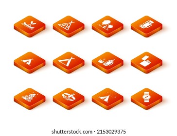 Ponga fogatas, linterna de cabeza, tienda de campaña turística con bandera, contenedor Thermos, brújula e icono más ligero. Vector