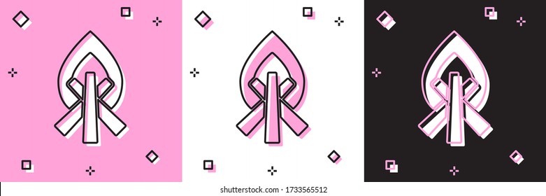 Set Campfire icon isolated on pink and white, black background. Burning bonfire with wood. Vector Illustration