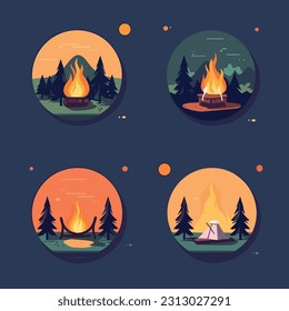 Set of campfire illustrations in a flat style, adventurous spirit of outdoor camping. Campfire scene with logs, flames, and glowing embers. Elements like tents, trees, and stars. Camping atmosphere