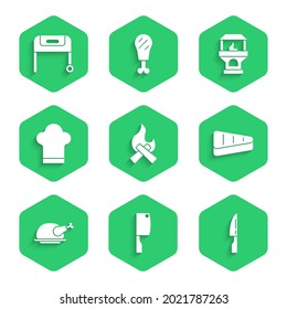 Set Campfire, Meat chopper, Barbecue knife, Steak meat, Roasted turkey or chicken, Chef hat, Brick stove and grill icon. Vector