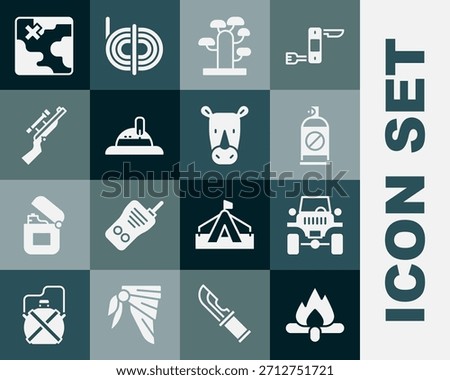 Set Campfire, Off road car, Spray against insects, African tree, Hunter hat, Sniper rifle with scope, safari map and Rhinoceros icon. Vector