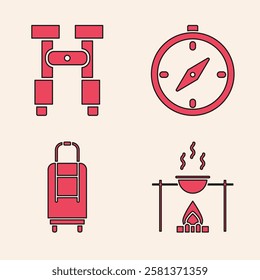 Set Campfire and pot, Binoculars, Compass and Suitcase icon. Vector