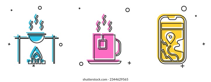 Set Campfire and pot, Cup of tea with tea bag and City map navigation icon. Vector