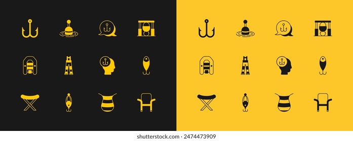 Set Campfire and pot, Fishing lure, Fisherman, net, pants, hook,  and float water icon. Vector