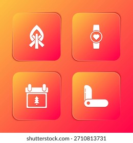 Set de fogata, reloj inteligente que muestra la frecuencia cardíaca, calendario con árbol e icono de cuchillo suizo. Vector