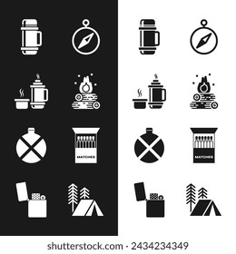 Set Campfire, Thermos container, Compass, Canteen water bottle, Open matchbox and matches, Tourist tent and Lighter icon. Vector