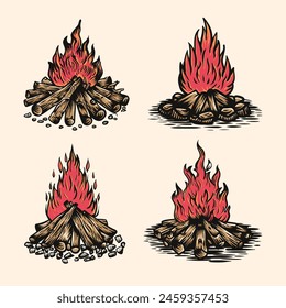 Set von Lagerfeuer Vintage Handgezeichnete Vektorgrafik. Handgezeichnete gravierte monochrome Lagerfeuer-Vektorillustration	