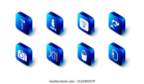 Set Campfire, Wi-Fi wireless internet, Fish, Carabiner, Bucket, Match stick, Photo camera and Hammer icon. Vector