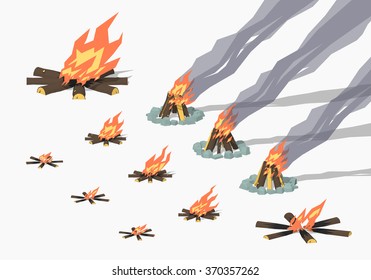 Set of campfires. 3D lowpoly isometric vector illustration. The set of objects isolated against the white background and shown from different sides