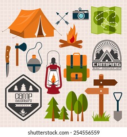 Set of camping of adventure. Equipment icon set in vector.