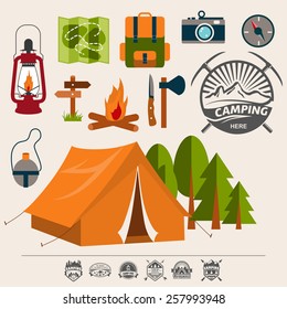 Set of camping of adventure. Equipment icon set in vector.