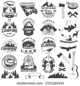 Set of camping badge and icon. Vector. Vintage typography design with man in canoe, guitar, climber, mountain, axe, lake, compass, camper rv , tent and forest silhouette.