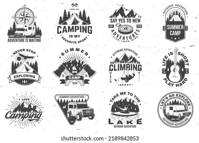 Set of camping badge. Vector. Vintage typography design with man in canoe, guitar, climber, mountain, axe, lake, compass, camper rv , tent and forest silhouette.