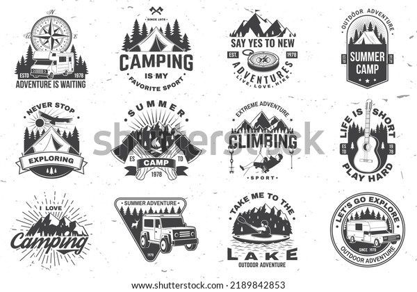 Set of camping badge. Vector.\
Vintage typography design with man in canoe, guitar, climber,\
mountain, axe, lake, compass, camper rv , tent and forest\
silhouette.