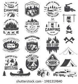 Set of camping badges with design element. Vector. Concept for shirt or logo, print, stamp or tee.