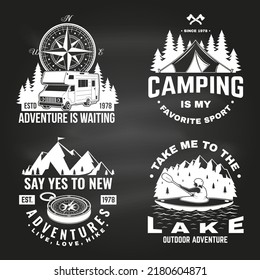 Set of camping badges design on chalkboard. Vector illustration. Concept for shirt or logo, print, stamp or tee. Vintage typography design with man in canoe, lake, compass, camper rv , tent and forest