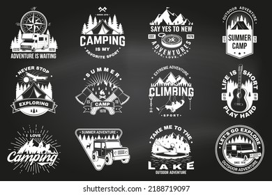 Set of camping badges design on chalkboard. Vector illustration. Vintage typography design with man in canoe, guitar, climber, mountain, axe, lake, compass, camper rv , tent and forest silhouette.
