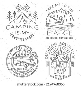 Set of camping badges design on chalkboard. Vector illustration. Concept for shirt or logo, print, stamp or tee. Vintage line art typography design with man in canoe, lake, camper rv , tent and