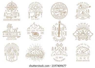 Set of camping badges design on chalkboard. Vector illustration. Concept for shirt or logo, print, stamp or tee. Vintage line art typography design with man in canoe, lake, camper rv , tent and forest
