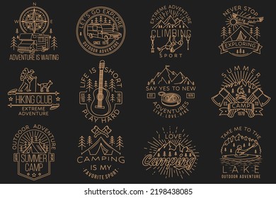 Set of camping badges design on chalkboard. Vector illustration. Concept for shirt or logo, print, stamp or tee. Vintage line art typography design with man in canoe, lake, camper rv , tent and forest