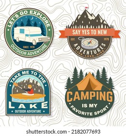 Set of camping badges Logo Patch. Vector illustration. Concept for shirt or logo, print, stamp or tee. Vintage typography design with man in canoe, lake, compass, camper rv , tent and forest