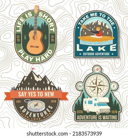 Set of camping badges Logo Patch. Vector illustration. Concept for shirt or logo, print, stamp or tee. Vintage typography design with guitar, man in canoe, lake, compass, camper rv , tent and forest