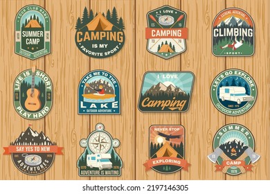 Set of camping badges Logo Patch. Vector illustration. Concept for shirt or logo, print, stamp or tee. Vintage typography design with guitar, man in canoe, lake, compass, camper rv , tent and forest