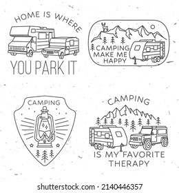 Set of camping badges, patches. Camping is my favorite therapy. Camping quote. Vector illustration. Concept for shirt or logo, print, stamp or tee. Vintage line art design with 3d off-road car