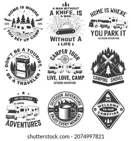 Set of camping badges, patches and outdoor adventure emblem, logo. Mountain tourism, hiking. Jungle camp label in vintage style. Graphic Art. Vector Illustration. Concept for shirt or logo, print