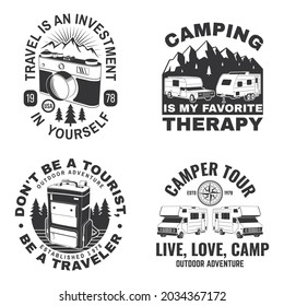 Set of camping badges, patches. Vector illustration. Concept for shirt or logo, print, stamp or tee. Vintage typography design with camping equipment, forest, camper trailer and mountain silhouette