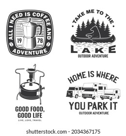 Set of camping badges, patches. Vector illustration. Concept for shirt or logo, print, stamp or tee. Vintage typography design with camping equipment, forest, camper rv and mountain silhouette