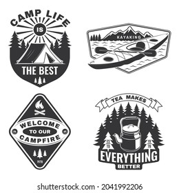 Set of camping badges, patches. Vector illustration Concept for shirt or logo, print, stamp or tee. Vintage typography design with pot on camping fire, kayak, camper tent and mountain silhouette.