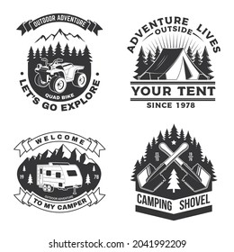 Set of camping badges, patches. Vector illustration. Concept for shirt or logo, print, stamp or tee Vintage typography design with camping equipment, forest, camper rv, atv and mountain silhouette