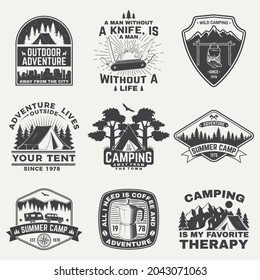 Set of camping badges, patches. Vector. Concept for shirt or logo, print, stamp or tee. Vintage typography design with coffee maker, camping equipment, forest, camper rv and mountain silhouette.