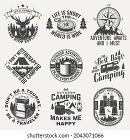 Set of camping badges, patches. Vector. Concept for shirt or logo, print, stamp or tee. Vintage design with camping equipment, forest, backpack, mug, compass, camper rv and mountain silhouette.