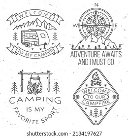 Set of camping badges, patches. Vector illustration. Concept for shirt or logo, print, stamp or tee. Vintage line art design with camping tent, forest and camper compass