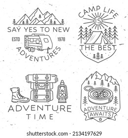 Set of camping badges, patches. Vector illustration. Concept for shirt or logo, print, stamp or tee. Vintage line art design with camping tent, forest and camper compass