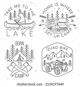 Set of camping badges, patches. Vector illustration. Concept for shirt or logo, print, stamp or tee. Vintage line art design with bear in canoe, lake and forest.