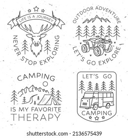 Set of camping badges, patches. Vector. Concept for shirt or logo, print, stamp or tee. Vintage line art design with elk, forest, quad bike, landscape.