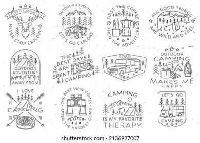 Set of camping badges, patches. Vector illustration. Concept for shirt or logo, print, stamp or tee. Vintage line art design with RV Motorhome, binoculars and forest.