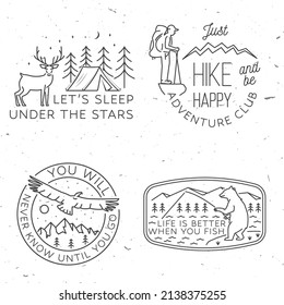 Set of camping badges, patches. Vector. Concept for shirt or logo, print, stamp or tee. Vintage line art design with camper tent, hiker, fishing bear and mountain. Summer camp.