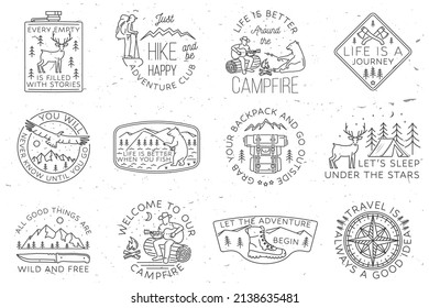 Set of camping badges, patches. Vector. Concept for shirt or logo, print, stamp or tee. Vintage line art design with camper tent, hiker, fishing bear, bear, man with guitar,and mountain.