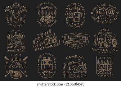 Set of camping badges, patches. Vector illustration. Concept for shirt or logo, print, stamp or tee. Vintage line art design with RV Motorhome, binoculars and forest.